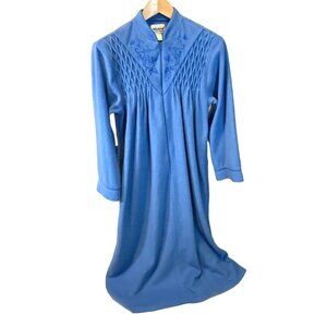 Vintage 90s Anthony Richards Blue Fleece Long Nightgown Embroidered Yoke Zip Fro